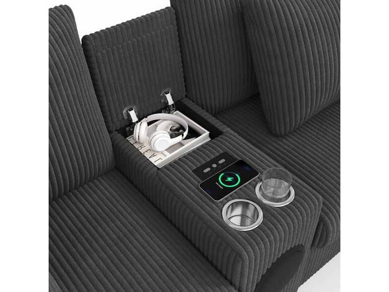  Canapé d’angle modulable U/L, gris, Bluetooth, charge sans fil, USB et rangement  - Conforama E