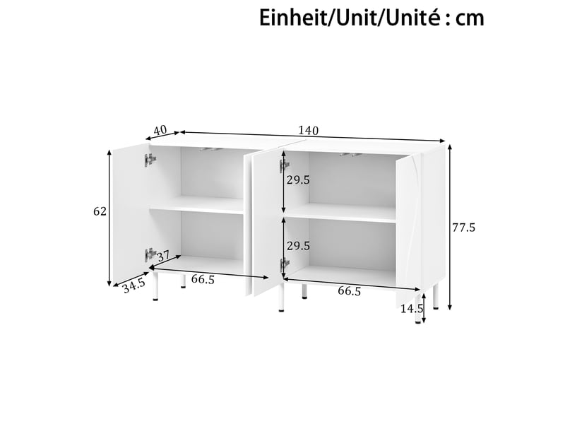  Buffet 4 portes 140x40x77,5 cm à ouverture par pression, blanc  - Conforama E