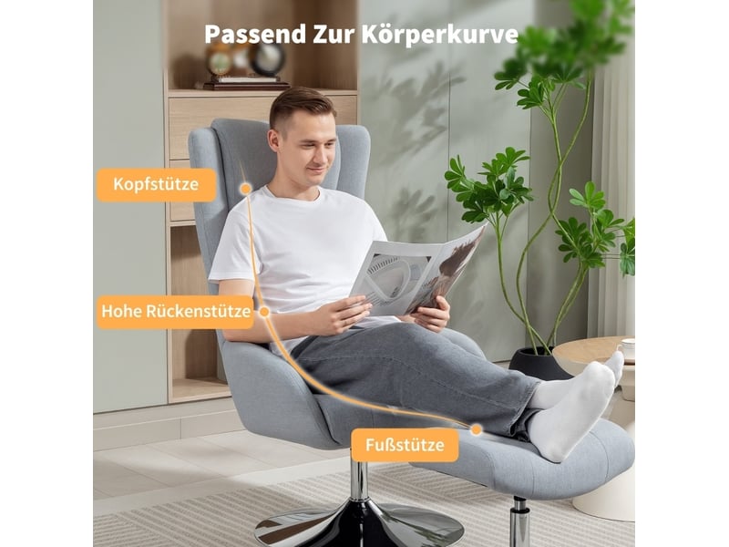  Fauteuil relax inclinable pivotant 360° gris avec repose-pieds, tissu respirant et base métal pour le salon  - Conforama E