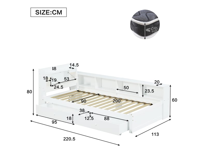  Lit simple avec rangements, éclairage et prise de charge blanc 90x200 cm  - Conforama E