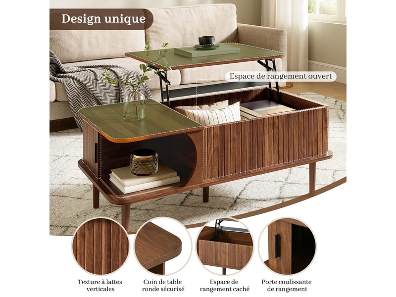  Table basse noyer, rangement, fermeture douce, étagères réglables, plan relevable, design moderne - mdf et bois - 100x48x55.5cm  - Conforama B