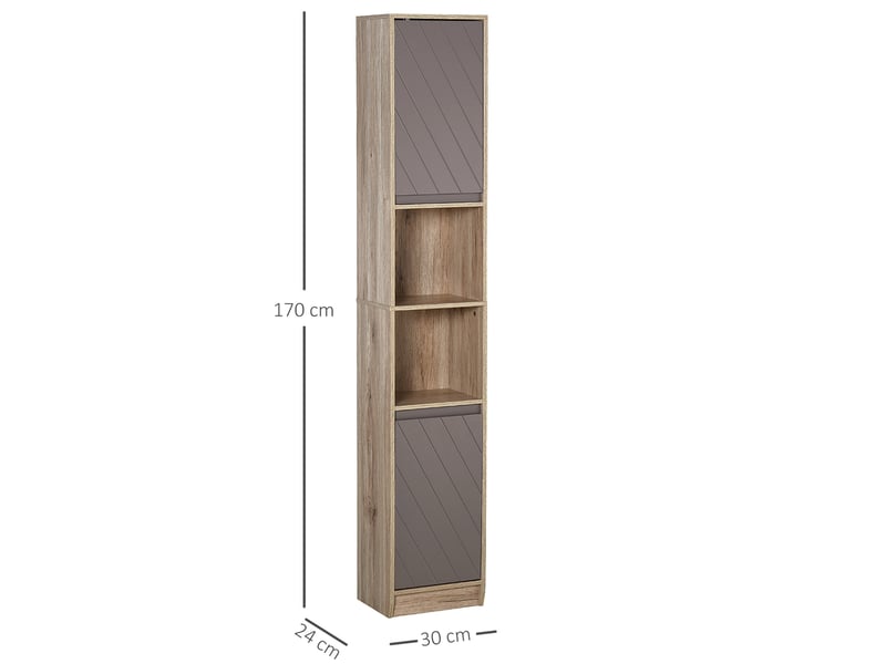  Meuble colonne salle de bain à 6 niveaux, meuble de rangement étroit avec 2 portes, 2 compartiments ouverts et étagère réglable, pour toilette, 30 x 24 x 170 cm gris et chêne, petits espaces  - Conforama C