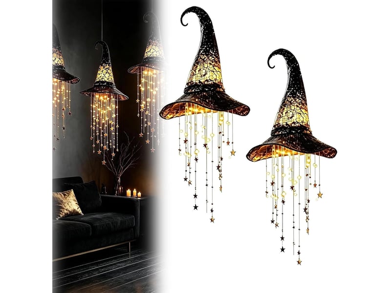  2 pièces décoration halloween suspendue, chapeau de sorcière lumineux led pour porche, entrée, fenêtre, terrasse et jardin  - Conforama A