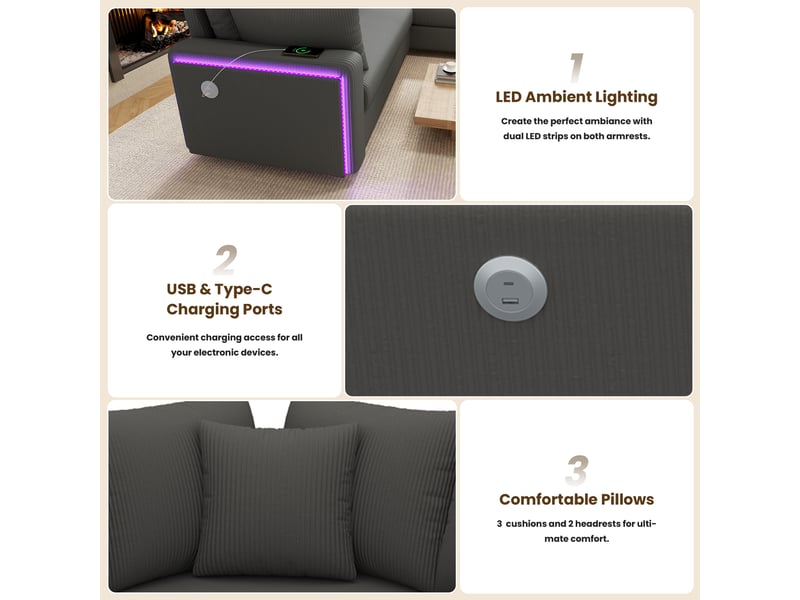 Canapé d'angle l avec éclairage led d'ambiance, port usb, en velours côtelé doux, coussins assortis inclus, design moderne, gris evarich - Conforama D