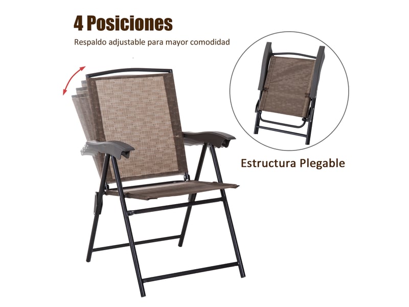 Ensemble table + 2 chaises, jardinterrasse, pliante dossier 4 positions, textilène, acier, marron. - Conforama E