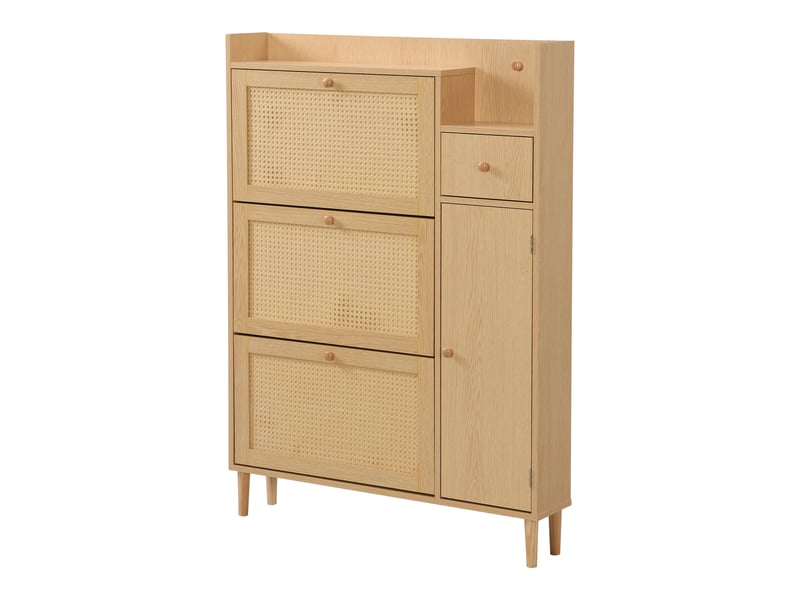  Meuble à chaussures en rotin 90x17x125 cm, 3 abattants, 1 tiroir et pieds en bois massif  - Conforama D