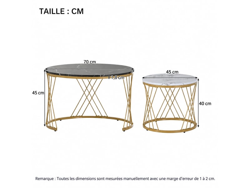 Lot de 2 tables basses rondes gigognes, effet marbre mdf, structure métal doré, noir et blanc - Conforama E