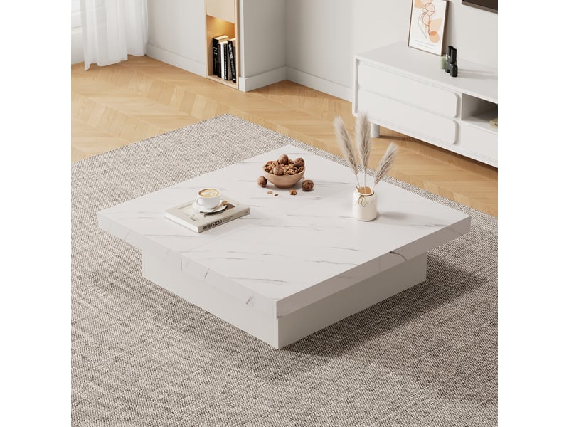  Table basse carrée blanche effet marbre 90x90 cm avec 4 tiroirs et plateau coulissant  - Conforama R
