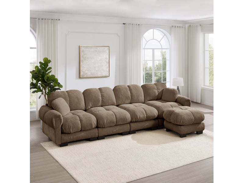  Canapé d'angle modulable 4 places modenvie avec repose-pieds mobile, tissu chenille marron, 330 x 149 x 90 cm  - Conforama B