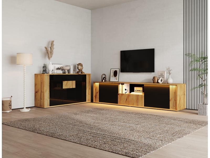  Ensemble meuble tv 180x40x51 cm + buffet 140x35x71 cm, deux pièces, mdf et panneau de particules, noir et bois naturel  - Conforama E