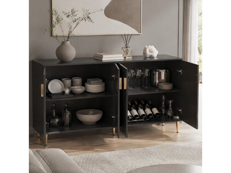  Buffet modenvie 152 x 40 x 75 cm noir en mdf, 4 portes, 2 tiroirs, design ondulé avec poignées et pieds dorés, style moderne  - Conforama B