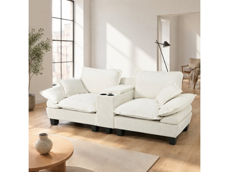  Canapé 2 places modulable beige en chenille avec repose-pieds, rangement, porte-gobelets et ports usb  - Conforama D