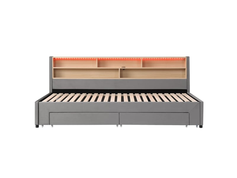  Canapé-lit 90 x 200 cm couchage d'appoint deux tiroirs de rangement structure extensible éclairage led port usb revêtement velours finition grise usage jour et nuit  - Conforama A
