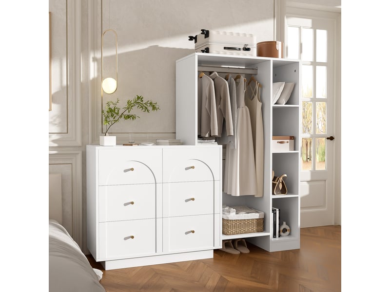  Armoire de chambre ouverte, tringle à vêtements, 6 tiroirs et étagères latérales, 139 x 35 x 133 cm, blanc  - Conforama D