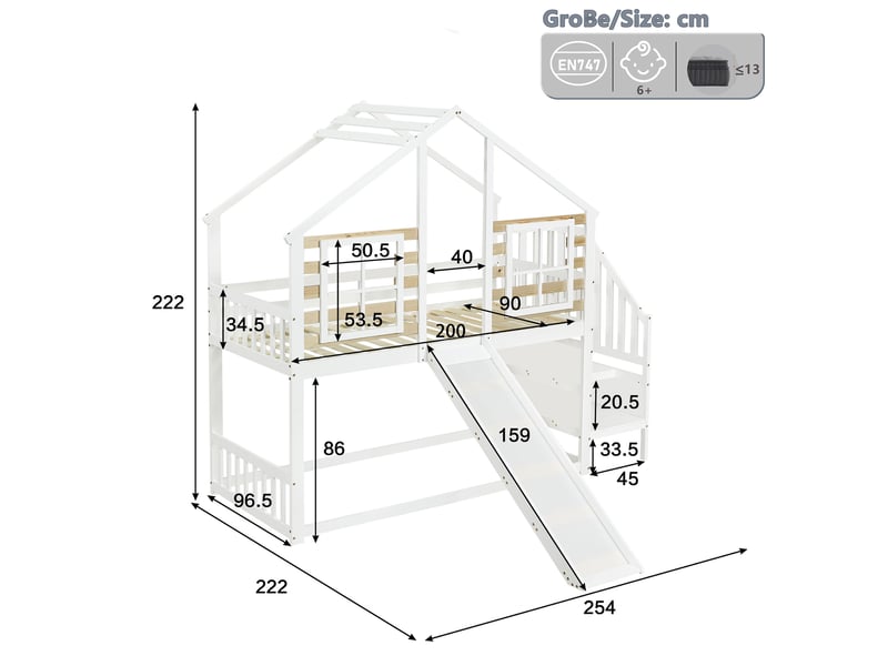 Lit superposé cabane 90 x 200 cm avec toboggan, escalier et barrières, blanc - Conforama C