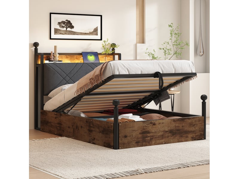 Lit baldaquin 90x190 cm, coffre modulable, dossier rembourré, éclairage led, métal, mdf, noir, motif bois, sans matelas - Conforama B