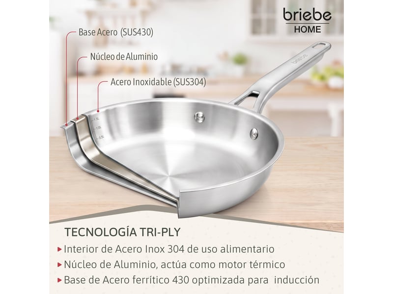 Lot 3 poêles acier inox induction tri-ply sans revêtement antiadhésif 20-24-28cm, briebe, fp1214s3, , inox - Conforama E