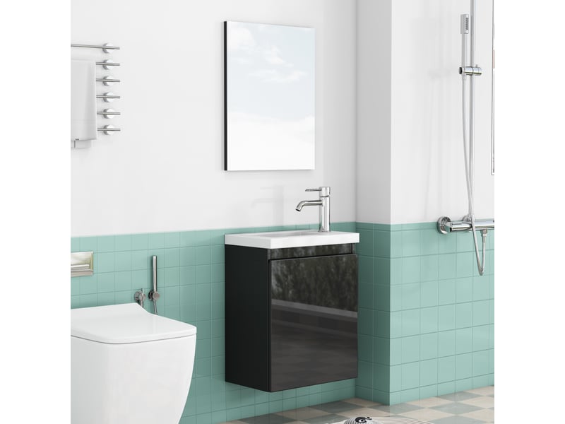  Meuble sous vasque suspendu avec portes, vasque en céramique et miroir, noir laqué pour salle de bain en mdf  - Conforama B