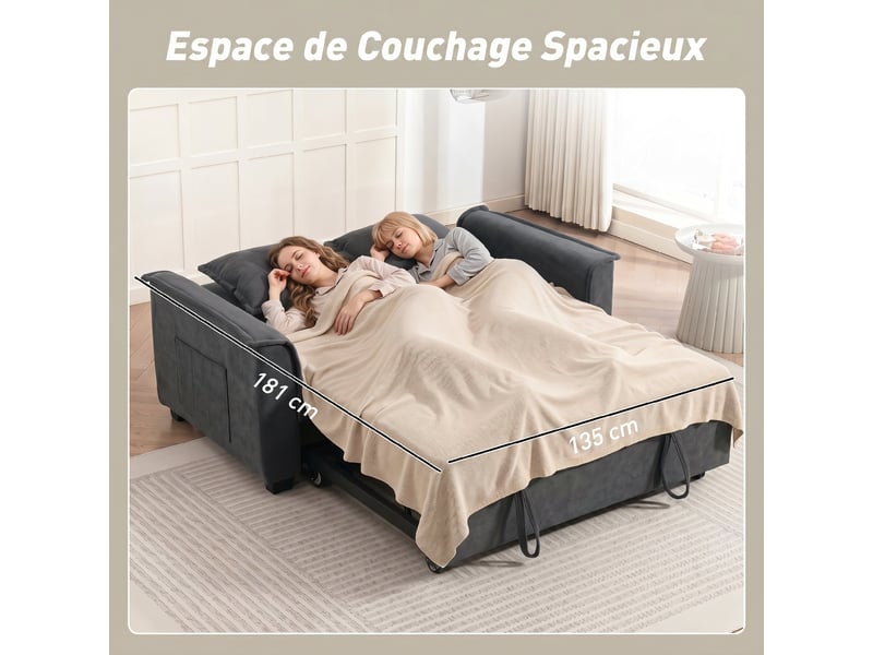 Canapé convertible 2 places, canapé-lit clic-clac en chenille, dossier réglable, 2 coussins, gris, poche latérale - Conforama W