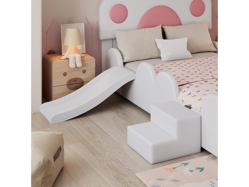  Lit capitonné enfant avec tête patte de chat, toboggan et échelle, 90x200cm, blanc et rose  - Conforama D