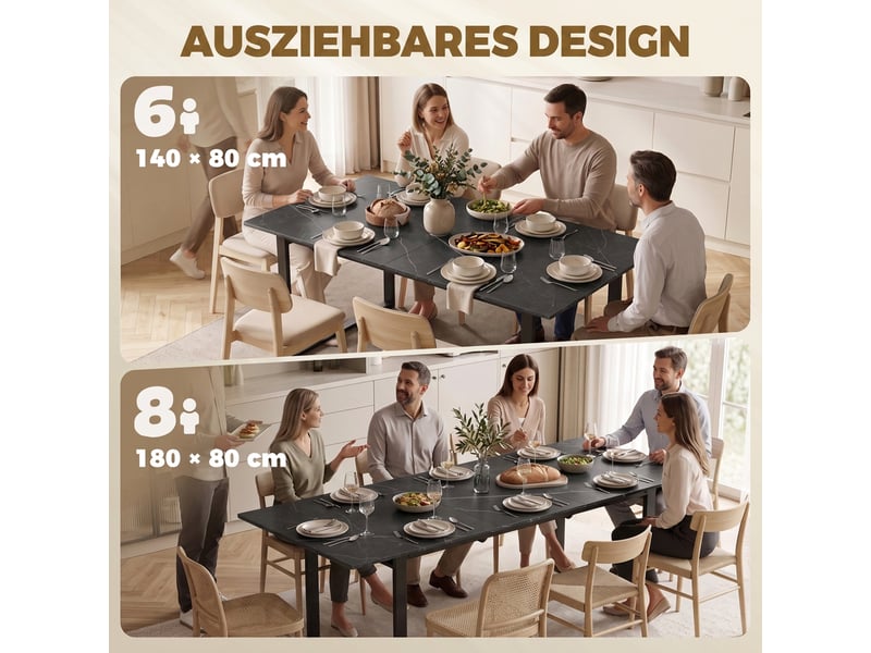  Table de salle à manger extensible 140-180 cm pour 6 à 8 personnes, rectangulaire, style industriel, structure en acier, noire  - Conforama D