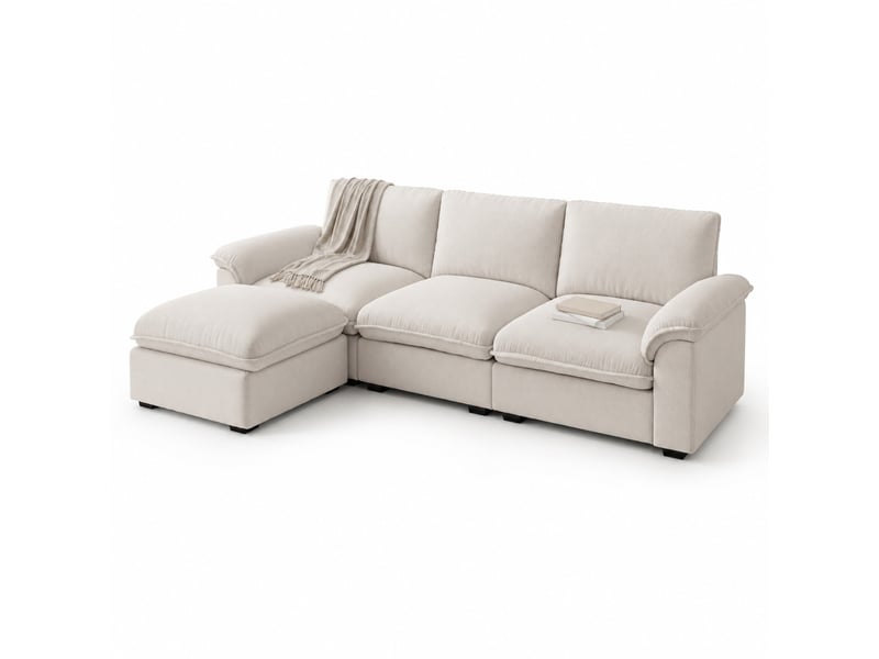  Canapé d'angle modulaire 4 places avec ottomane mobile, coussins et housses zippées en chenille beige  - Conforama A
