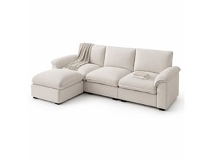 Canapé d'angle modulaire 4 places avec ottomane mobile, coussins et housses zippées en chenille beige