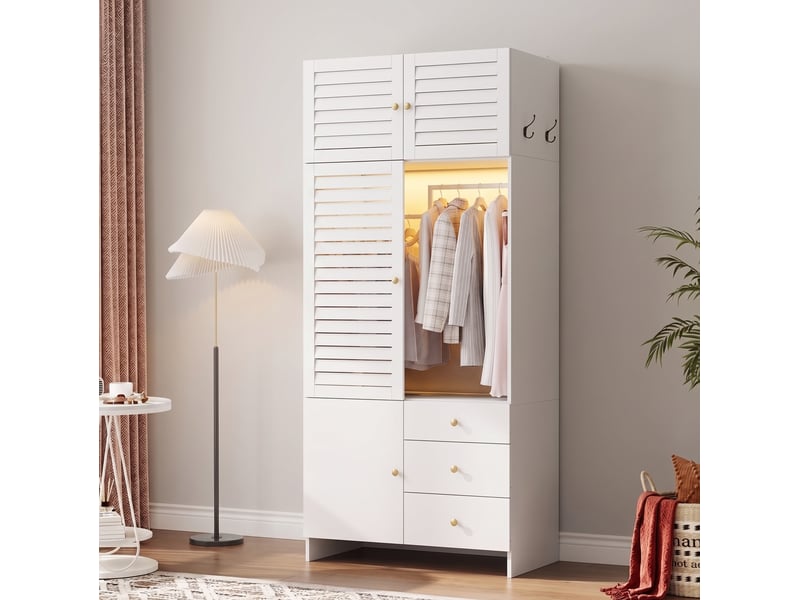  Armoire à portes battantes 90x50x200 cm avec éclairage led, panneau de particules blanc chambre et dressing, rangement  - Conforama E