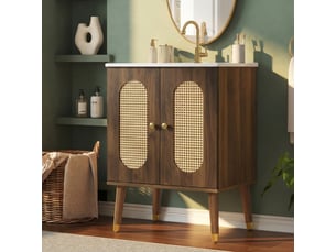 Meuble salle de bain 61 cm sur pied avec lavabo céramique, portes en rotin, effet noyer, style bohème