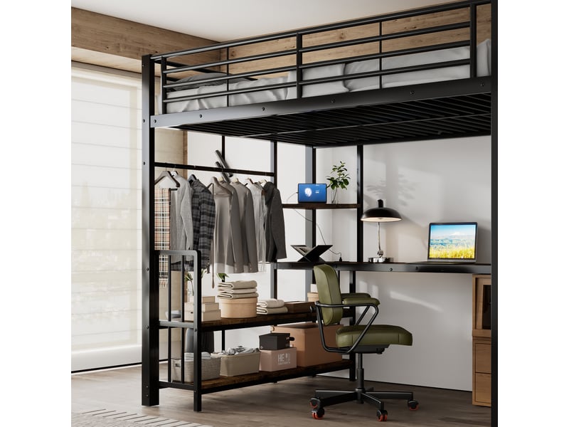 Lit mezzanine 120x200 cm escalier latéral main-courante prise intégrée métal et bois noir et noyer foncé sans matelas - Conforama E