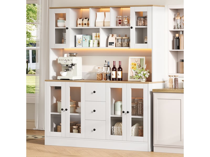 Meuble de cuisine muvano, buffet haut de cuisine avec led, blanc et décor bois, 150 × 40 × 173 cm - Conforama D