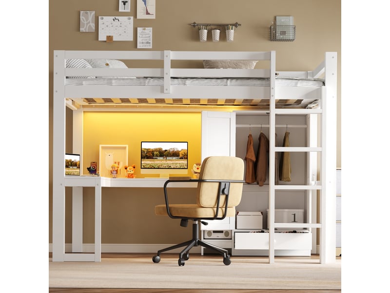  Lit mezzanine blanc 90 x 200 cm en pin, mdf et contreplaqué, avec bureau, armoire à tiroir, étagères, led et usb  - Conforama D