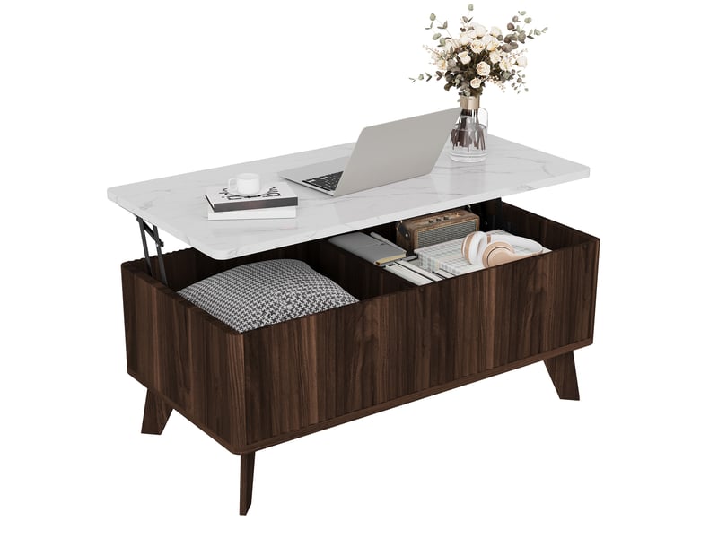 Table basse relevable salon avec rangement caché- plateau imitation marbre - panneaux cannelés verticaux - compartiment de stockage - table basse multifonction - style scandinave mid-century - noyer - Conforama A
