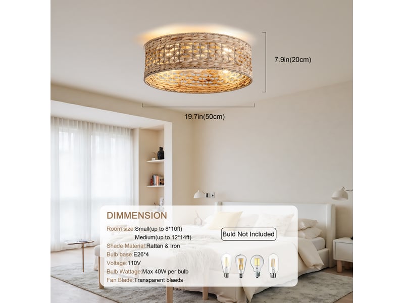 Ventilateur plafonnier 19 pouces en plastique et rotin couleur cuivre, télécommande et application, pour petit espace - Conforama C