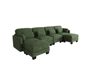 Canapé panoramique modulable en u 4 places avec 2 poufs, assise large et profonde, tissu chenille vert, cadre bois massif, 330 x 143 x 88 cm