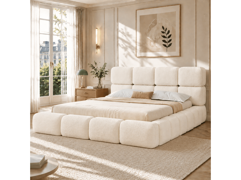  Lit coffre 160x200 cm rembourré, rangement hydraulique, design nuage en bouclé blanc, tête de lit matelassée, sommier inclus  - Conforama B
