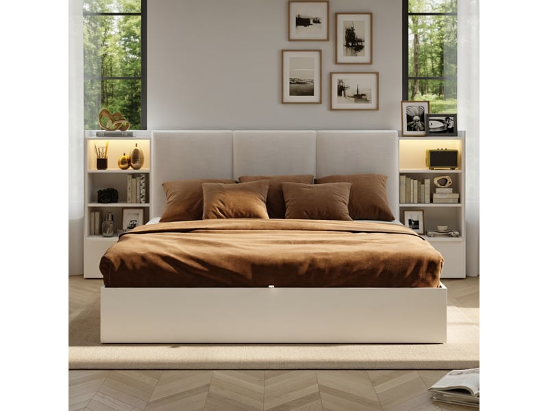  Lit adulte 180 x 200 cm, à rangement hydraulique, avec compartiments de rangement et bande lumineuse led, blanc  - Conforama B