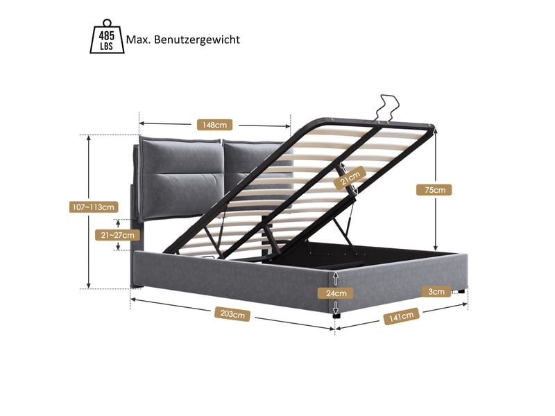  Lit coffre tcqpz 140 x 200 cm tête de lit réglable velours gris  - Conforama C