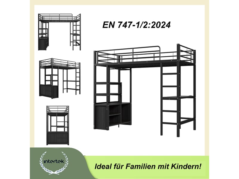  Lit mezzanine noir 90x200cm avec rangement, échelle, bureau et étagères, armoire, gain de place, durable - fer - pour enfant ado  - Conforama D