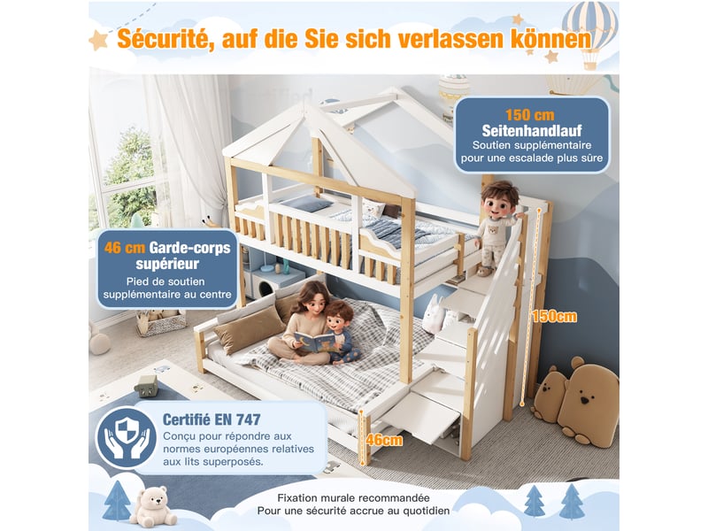  Lit superposé enfant 90×200 + 140×200 cm maison en bois avec toit diamant, escalier coffre, étagères murales et sommier - blanc et bois naturel  - Conforama E