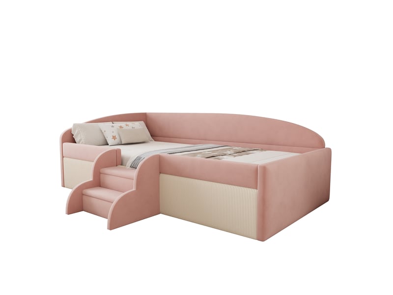  Lit enfant 90 x 190 cm avec marches et barrières, velours rose et blanc crème  - Conforama A