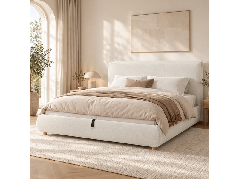 Lit double rembourré 180x200 cm avec rangement hydraulique, sommier à lattes, tête de lit capitonnée, pieds en bois massif, bouclé blanc IKSETERA TRADING LTD - Conforama B