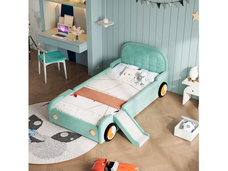  Lit enfant voiture 90x200 cm avec toboggan, escalier et protection, bleu-vert  - Conforama D