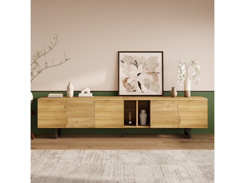  Meuble tv bois naturel 191 cm avec portes incurvées et rangement banc tv design minimaliste  - Conforama W