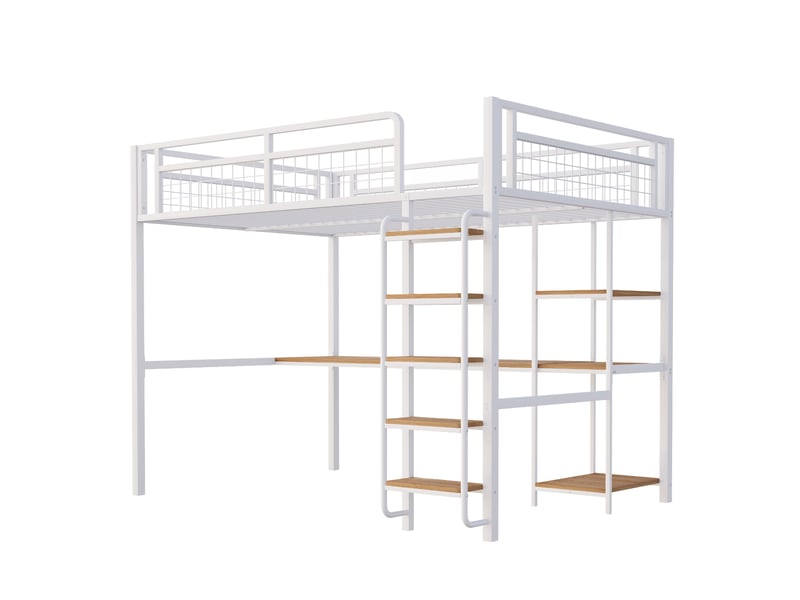  Lit mezzanine avec bureau et étagères, métal blanc, 140x200 cm, escalier et barrières sécurisées  - Conforama D