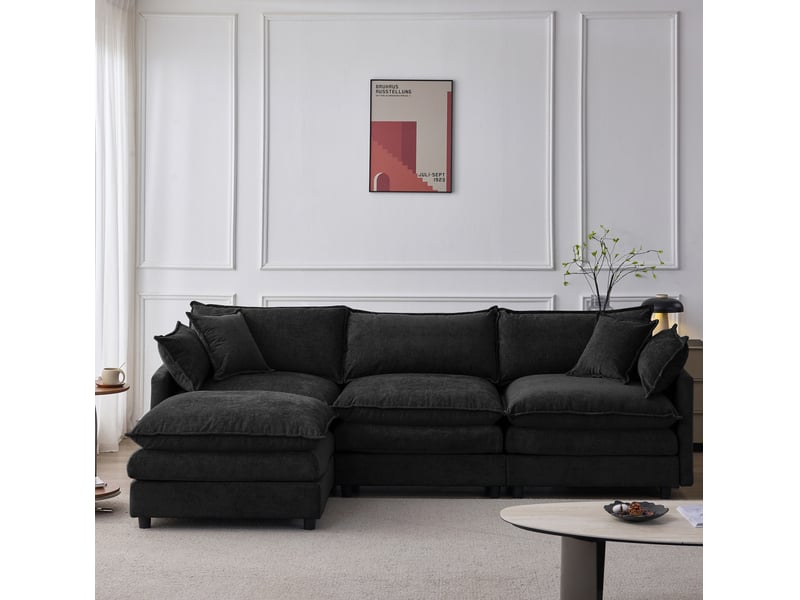  Canapé d'angle fixe 3 places en tissu noir avec chaise longue et pouf modulable, idéal pour le salon familial  - Conforama B