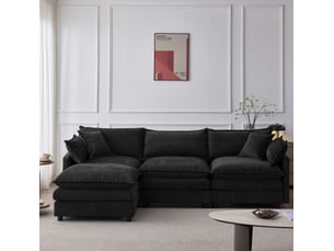 Canapé d'angle fixe 3 places en tissu noir avec chaise longue et pouf modulable, idéal pour le salon familial