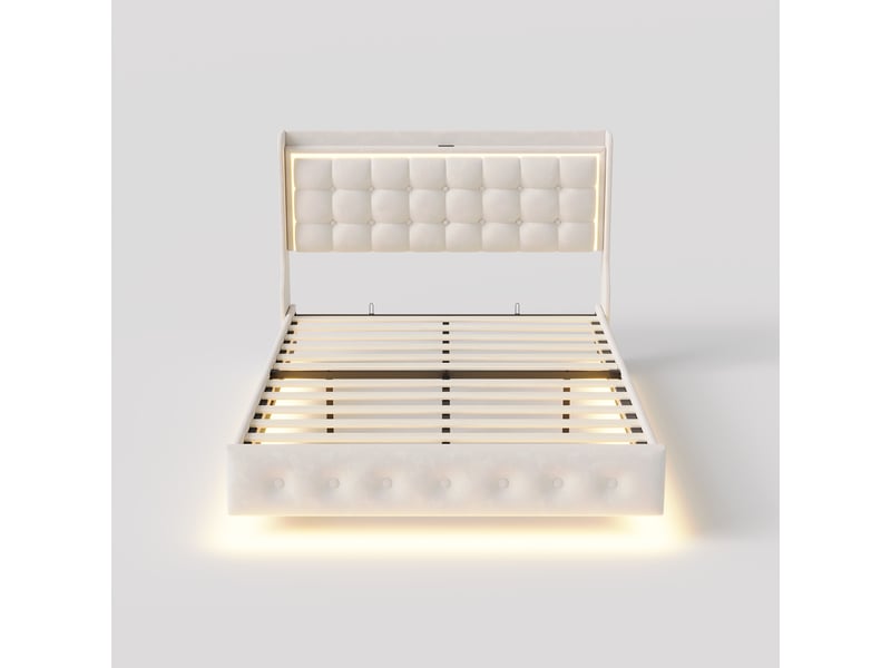 Lit double 160x200 cm, cadre de lit adulte, cadre flottant avec led et ports usb, tête de lit rembourrée avec espace de rangement ouvert, blanc - Conforama W