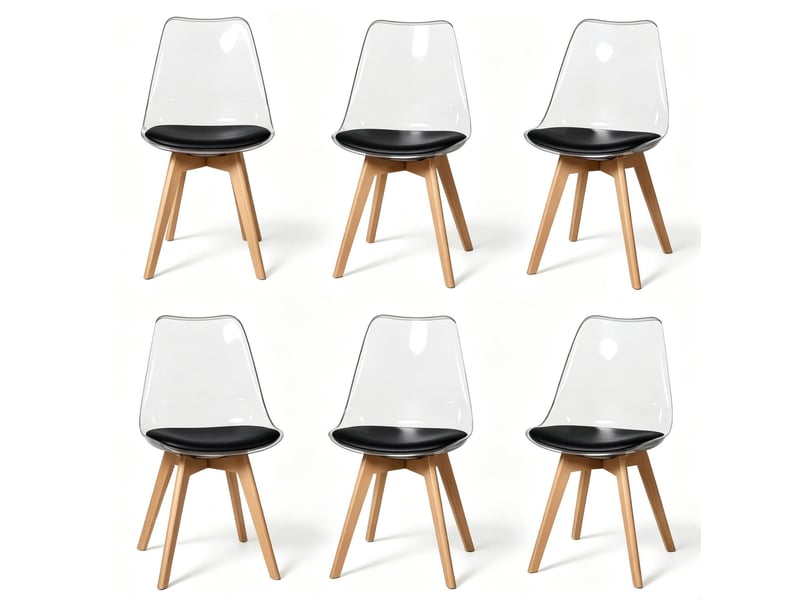  Chaise de salle à manger lot de 6 avec assise rembourrée et patins, en polypropylène, bois et similicuir noir  - Conforama A