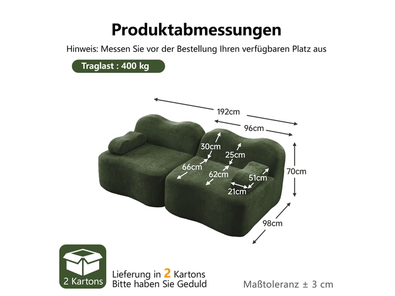  Canapé 2 places - 192x98x70 cm - canapé droit modulable velours, mousse 32d, sans structure rigide et coussins amovibles - vert  - Conforama E